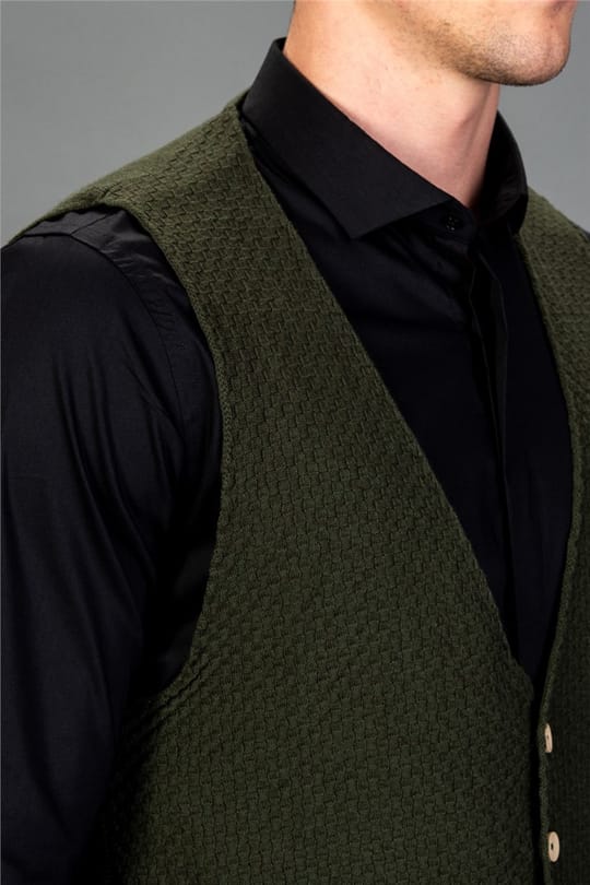 Erkek Slim Fit Dar Kesim Pamuklu Desenli Haki Yelek