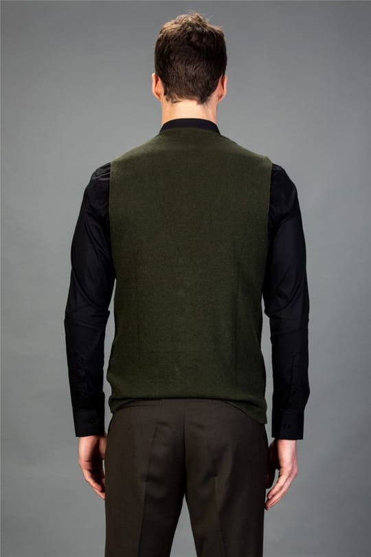 Erkek Slim Fit Dar Kesim Pamuklu Desenli Haki Yelek