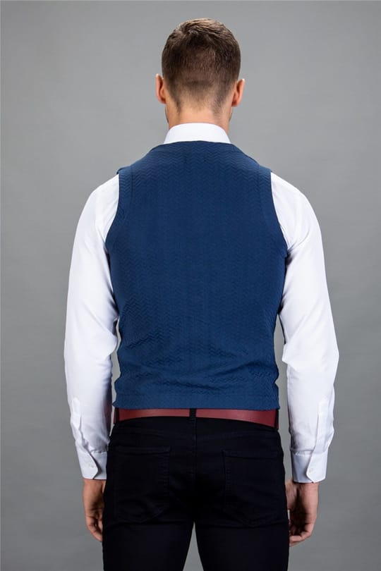 Erkek Slim Fit Kendinden Desenli İndigo Yelek