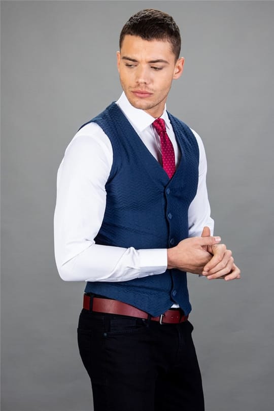 Erkek Slim Fit Kendinden Desenli İndigo Yelek