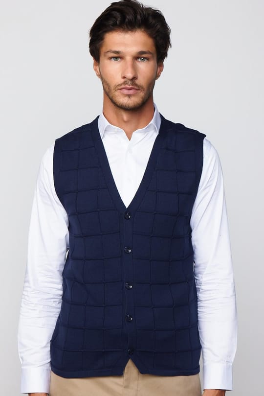 Slim Fit Kare Desenli Lacivert Erkek Yelek