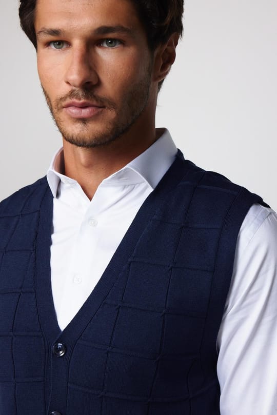 Slim Fit Kare Desenli Lacivert Erkek Yelek