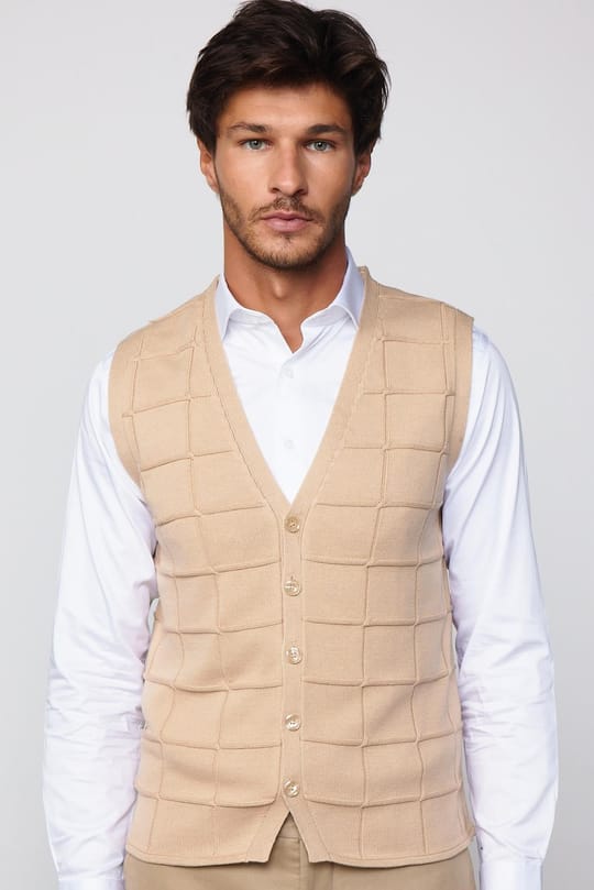 Slim Fit Kare Desenli Taş Rengi Erkek Yelek