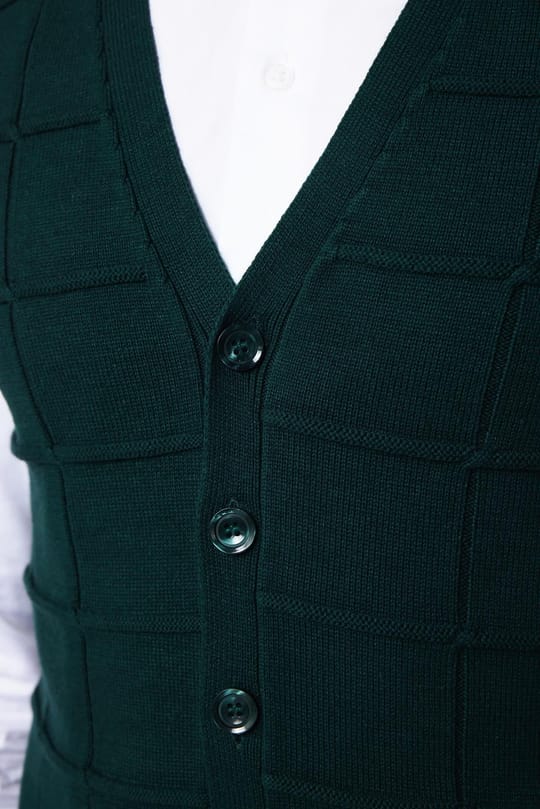 Slim Fit Kare Desenli Yeşil Erkek Yelek