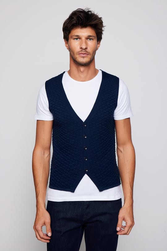 Slim Fit Desenli Lacivert Erkek Yelek