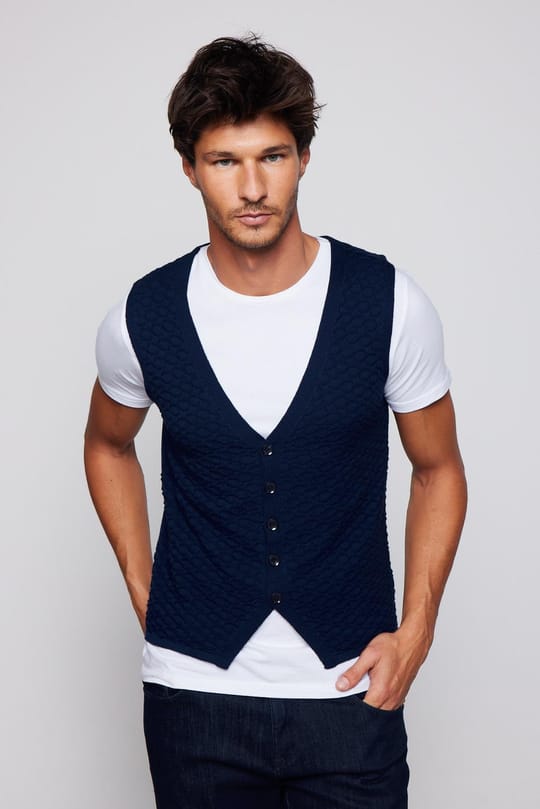 Slim Fit Desenli Lacivert Erkek Yelek