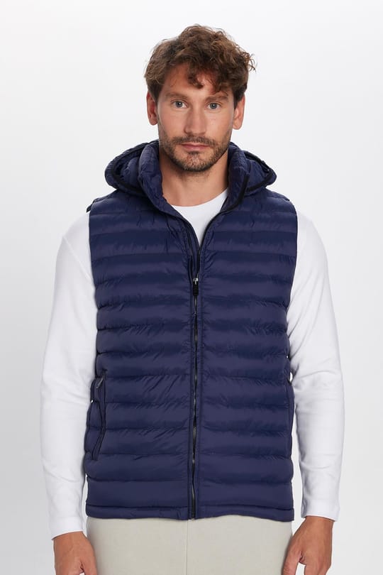 Erkek Slim Fit Dar Kesim Rüzgar Geçirmez Cepli Lacivert Çıkabilir Kapüşonlu Sıcak Tutan Şişme Yelek