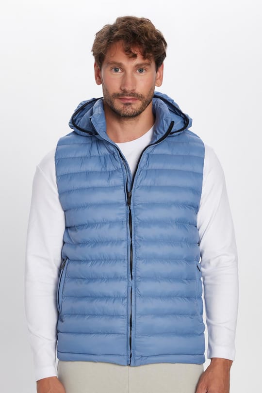 Erkek Slim Fit Dar Kesim Rüzgar Geçirmez Cepli Mavi Çıkarılabilir Kapüşonlu Sıcak Tutan Şişme Yelek