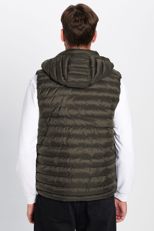 Erkek Slim Fit Dar Kesim Rüzgar Geçirmez Cepli Haki Çıkarılabilir Kapüşonlu Sıcak Tutan Şişme Yelek