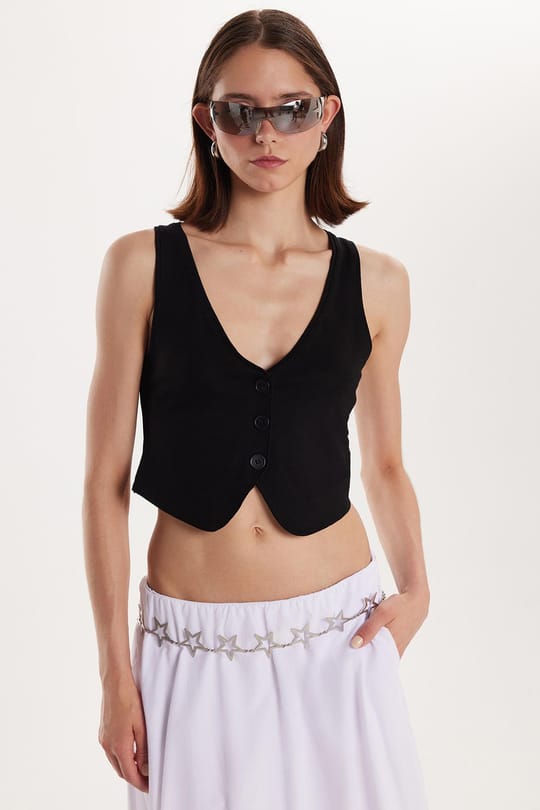 Kadın Regular Fit Sıfır Kol V Yaka Düğmeli Siyah Yelek