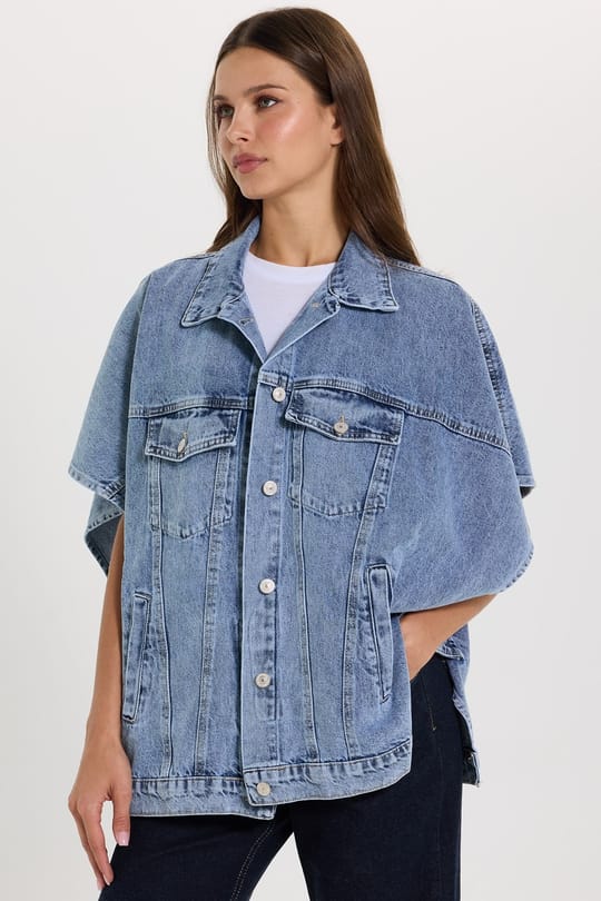 Kadın Oversize Geniş Kesim %100 Pamuk Panço Kol Yan Düğme Detaylı Mavi Denim Yelek