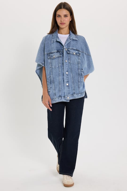 Kadın Oversize Geniş Kesim %100 Pamuk Panço Kol Yan Düğme Detaylı Mavi Denim Yelek