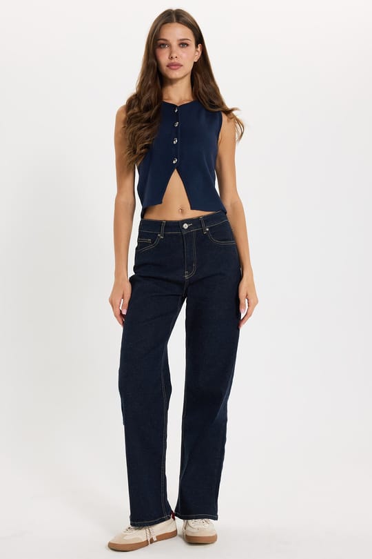 Kadın Slim Fit Dar Kesim Metal Düğmeli Önü Yırtmaçlı Lacivert Crop Triko Yelek