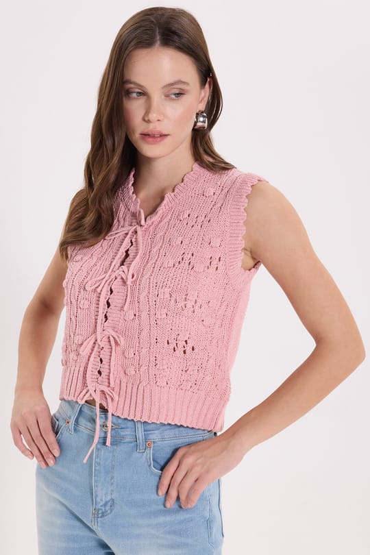 Kadın Oversize Geniş Kesim Örme Desenli Önden Bağlamalı Pembe Sıfır Kol Triko Yelek