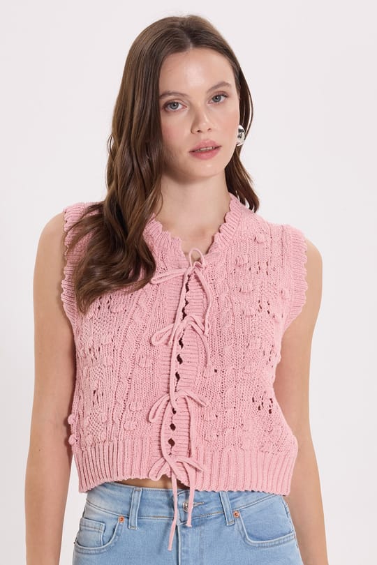 Kadın Oversize Geniş Kesim Örme Desenli Önden Bağlamalı Pembe Sıfır Kol Triko Yelek