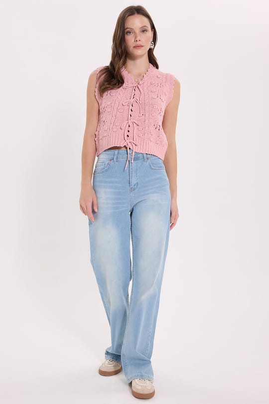 Kadın Oversize Geniş Kesim Örme Desenli Önden Bağlamalı Pembe Sıfır Kol Triko Yelek