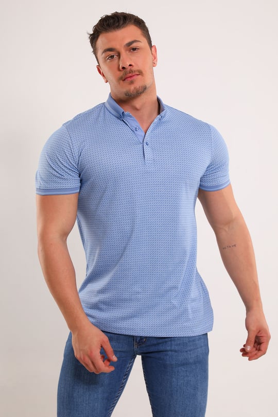 Erkek Polo Yaka Baskılı T-shirt Mavi 494266 - tozlu.com