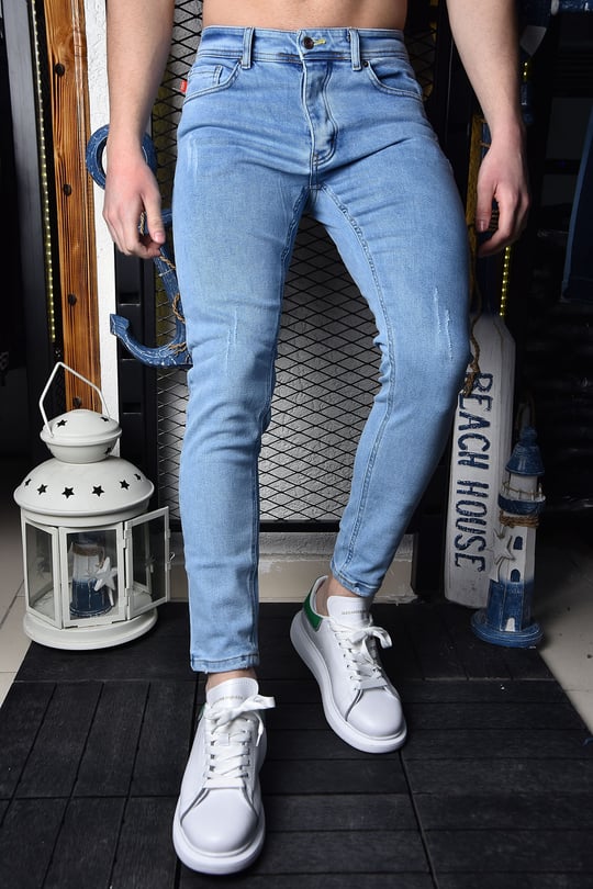 Erkek Skinny Fit Buz Mavi Jean Pantolon