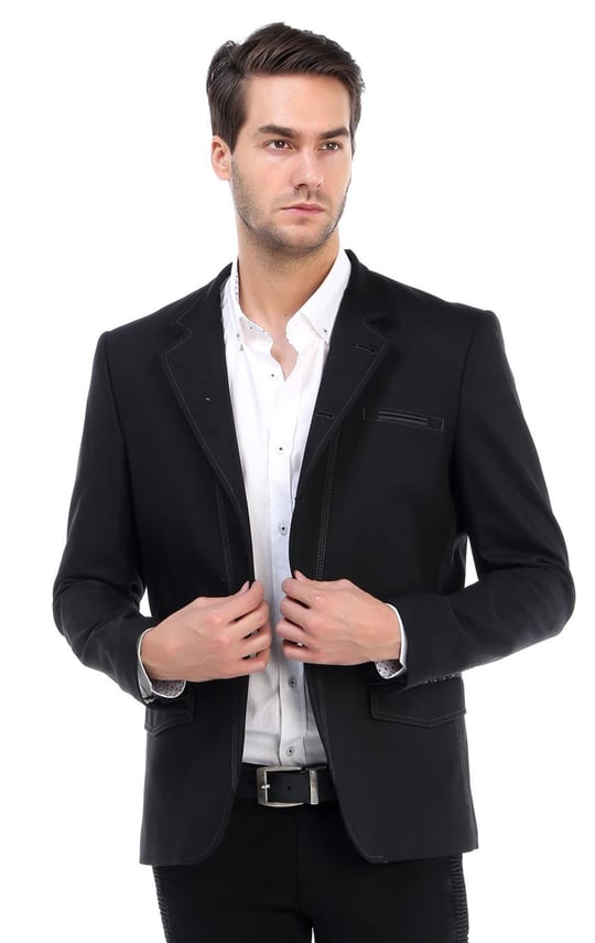 CEKMON Erkek Slim Fit Düğmeli Çok Cepli Deri Detaylı Astarlı Dik Yaka Klasik  Ceket