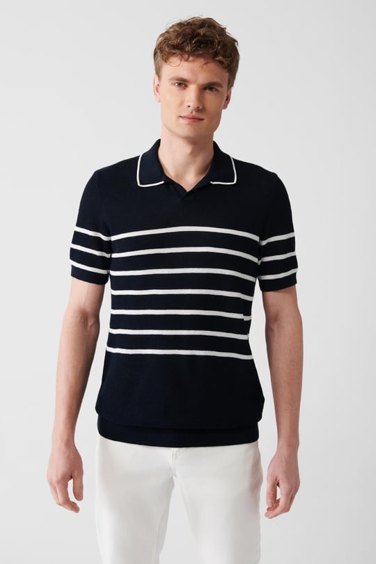 Lacivert Düğmesiz Polo Yaka Dokulu ve Çizgi Detaylı Regular Fit Triko  T-Shirt