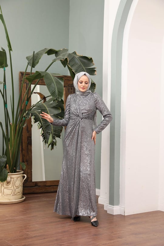 Noble Sequined Evening Dress - Gray | Hülya Keser