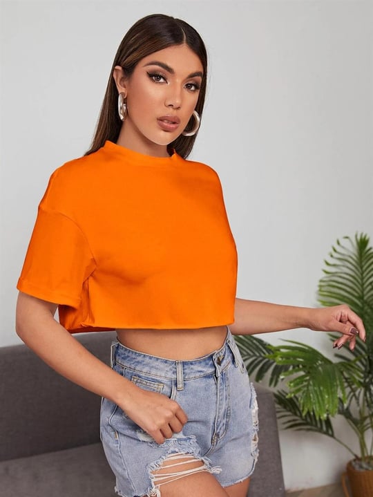 Kadın Turuncu Bisiklet Yaka Oversize Crop T-Shirt