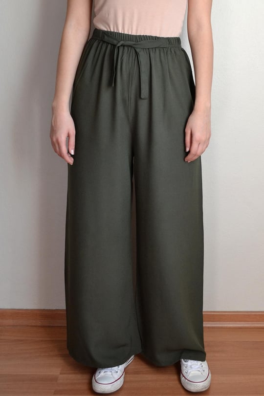 Jülyet Giyim | Pamuklu İnce Kumaştan Yazlık Rahat Kesimli Bol Paça Kadın  Pantolon Haki Yeşil