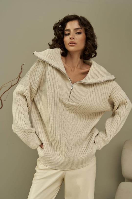 Mai Rika Mink Cable Knit Zip-Up Sweater