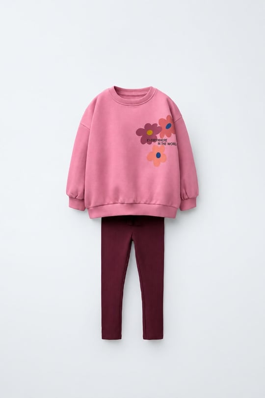 Çiçek Baskılı Pembe Sweatshirt ve Tayt Takımı – görsel 2