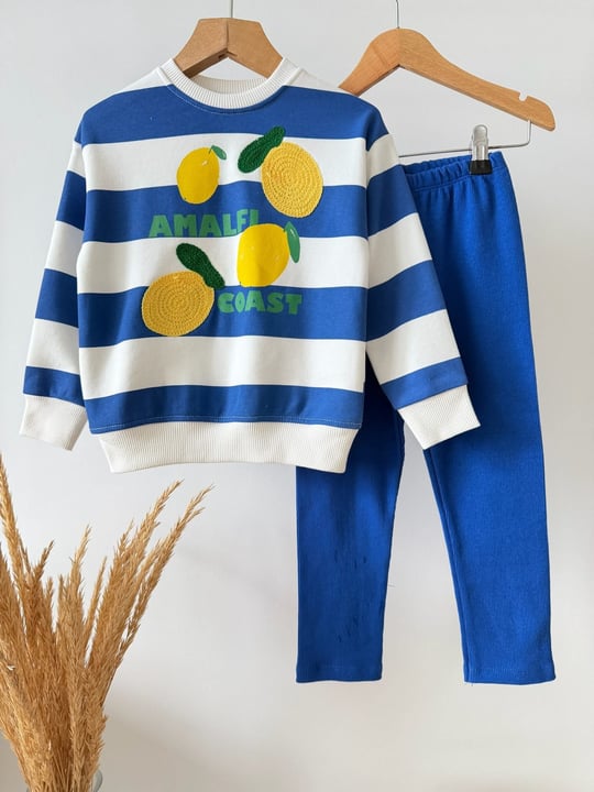 Limon Mavi Çizgili Sweatshirt ve Tayt Takımı – görsel 2