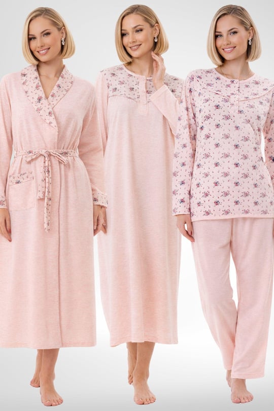 Mecit 6318 Mavi Büyük Beden Kadın Sabahlık Pijama Gecelik Set