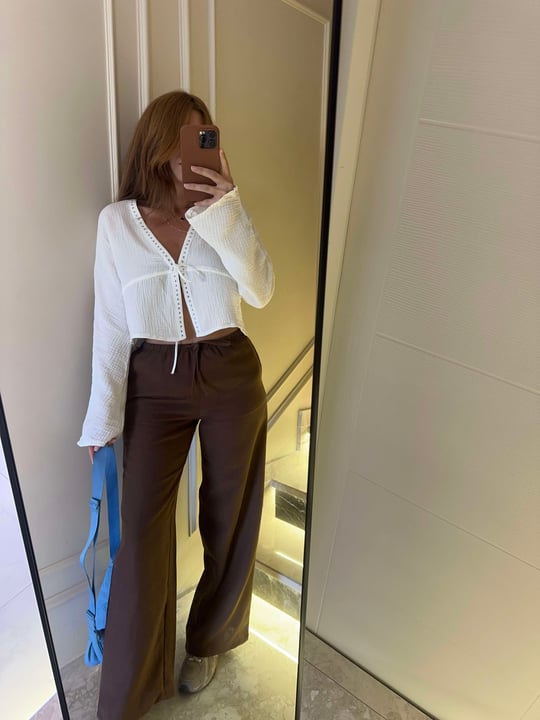 Acı Kahve Beli Bağcıklı Bol Paça Keten Pantolon