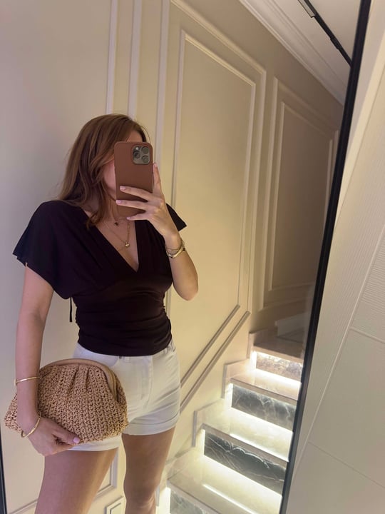 Acı Kahve Ön Arka V Yaka Kuşaklı Bluz