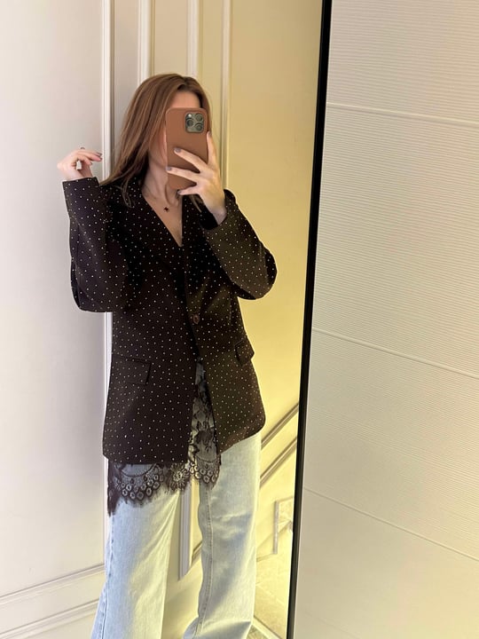 Acı Kahve Taşlı Oversize Blazer Ceket
