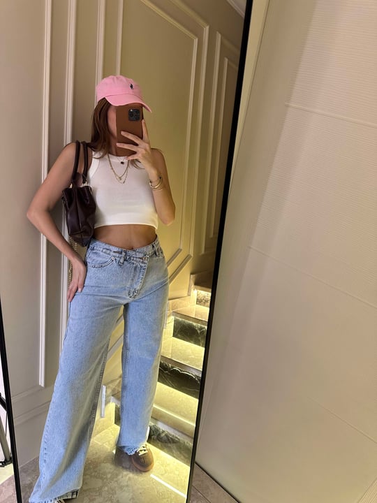 Açık Kar Yıkama Çapraz Düğme Wide Leg Jean