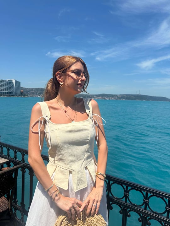 Açık Sarı Askılı Keten Korse Bluz