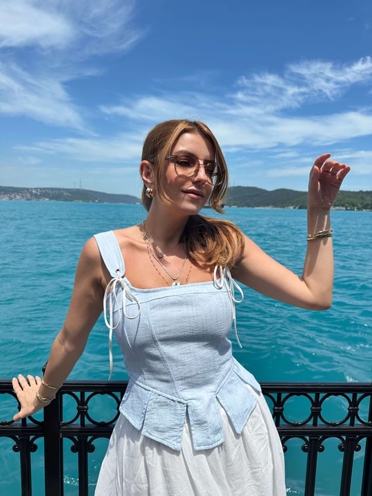 Bebe Mavi Askılı Keten Korse Bluz