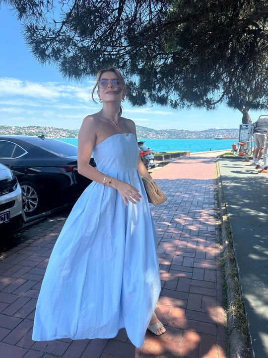Bebe Mavi Pamuk Kumaş Straplez Elbise