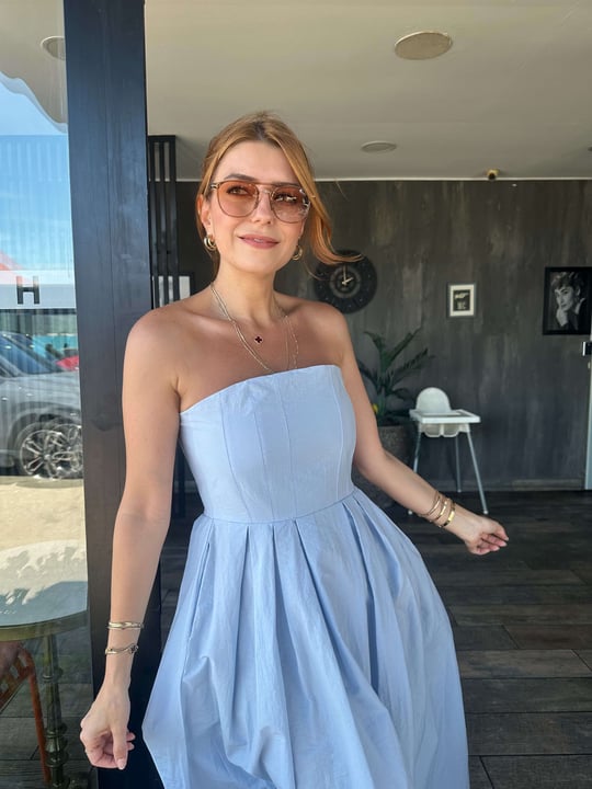 Bebe Mavi Pamuk Kumaş Straplez Elbise