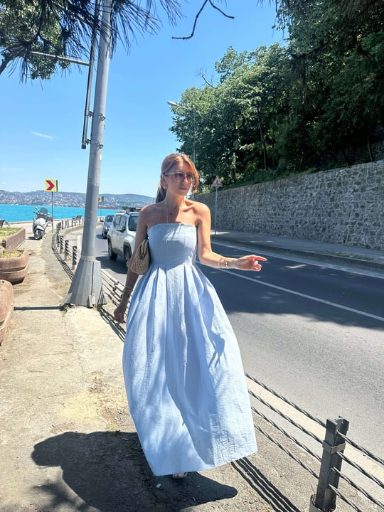 Bebe Mavi Pamuk Kumaş Straplez Elbise