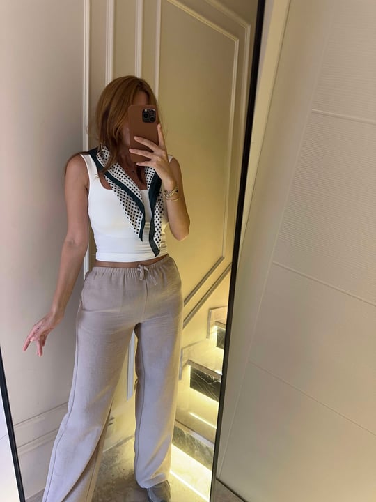 Bej Beli Bağcıklı Bol Paça Keten Pantolon