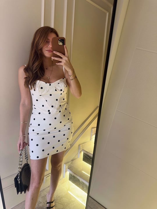 Beyaz Poplin Kumaş Puantiyeli Mini Elbise