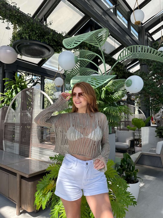 Haki Transparan Crop Triko Bluz