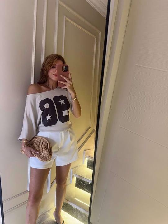 Kadın Bej Kayık Yaka 96 Baskılı Bluz