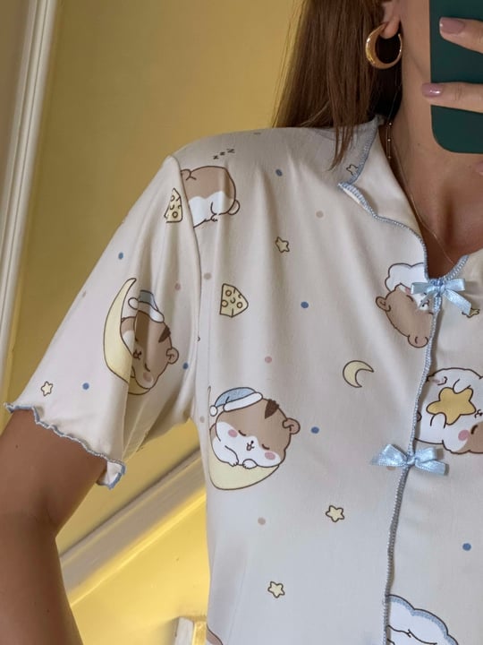Kadın Bej Sleepy Kitty Fiyonklu Alt Uzun Pijama Takım