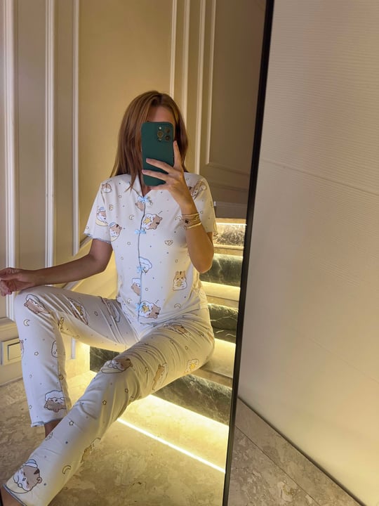 Kadın Bej Sleepy Kitty Fiyonklu Alt Uzun Pijama Takım