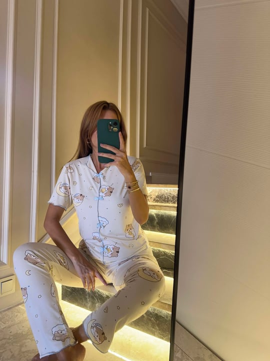 Kadın Bej Sleepy Kitty Fiyonklu Alt Uzun Pijama Takım