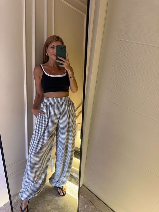 Kadın Beyaz Ekose Desen Paçaları İpli Bol Paça Pantolon