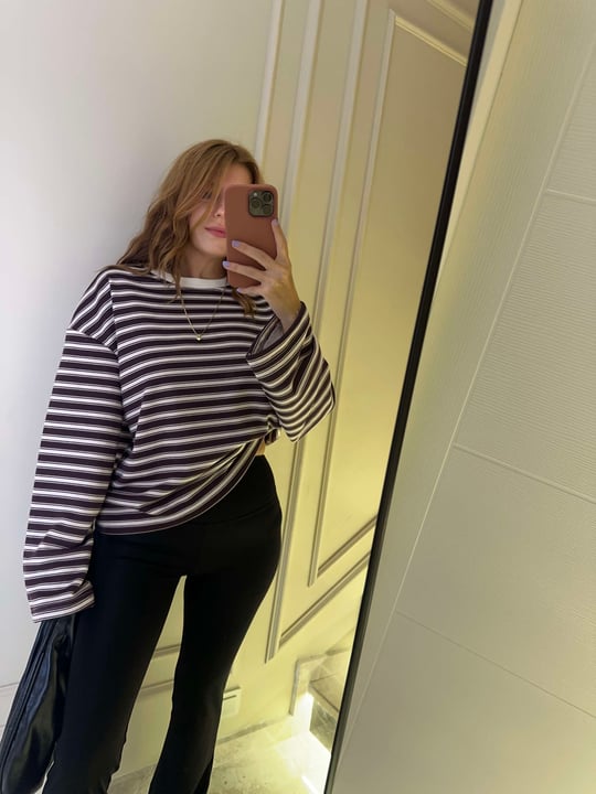 Kadın Bis Yaka Çizgili Sweatshirt - BejBordo