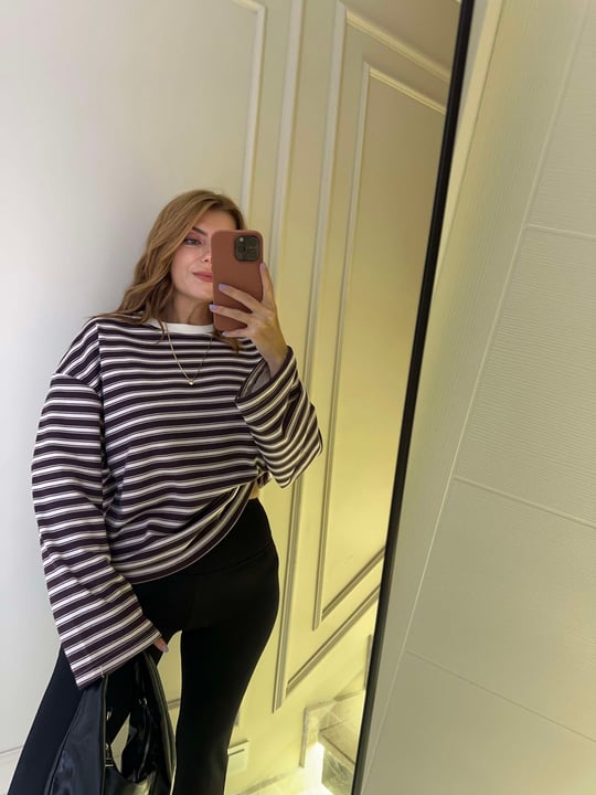 Kadın Bis Yaka Çizgili Sweatshirt - BejBordo